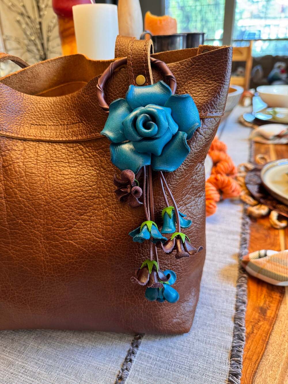 Bright Blue Rose Purse Charm Flower Bag Charm Genuine Leather Accessories NEW!